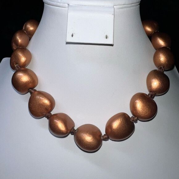 Vintage Bronze Painted Wooden Bead Necklace on Silk Ribbon - Picture 1 of 6